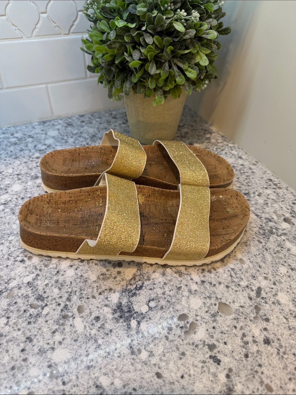 Birkenstock Gold Glitter Double Strap Cork Slide Sandals women’s size 40 or 9